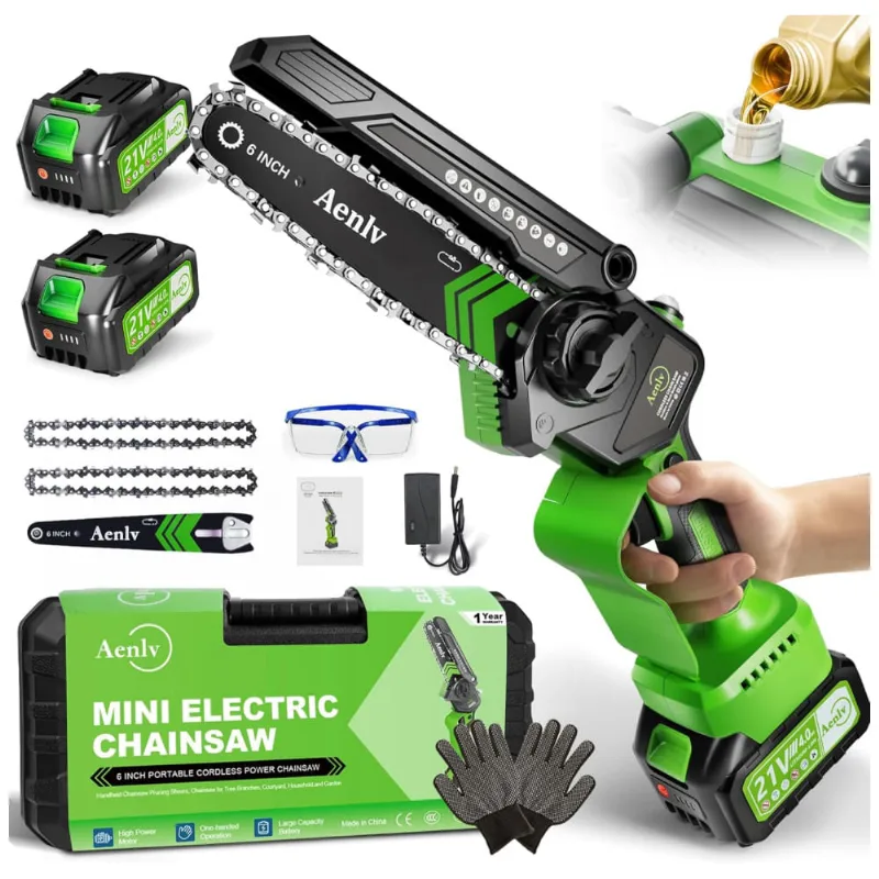 Motosserra Portátil Com Bateria De 21v 4,0 Ah E Lubrificador De Corremte Automático, Aenlv, Verde