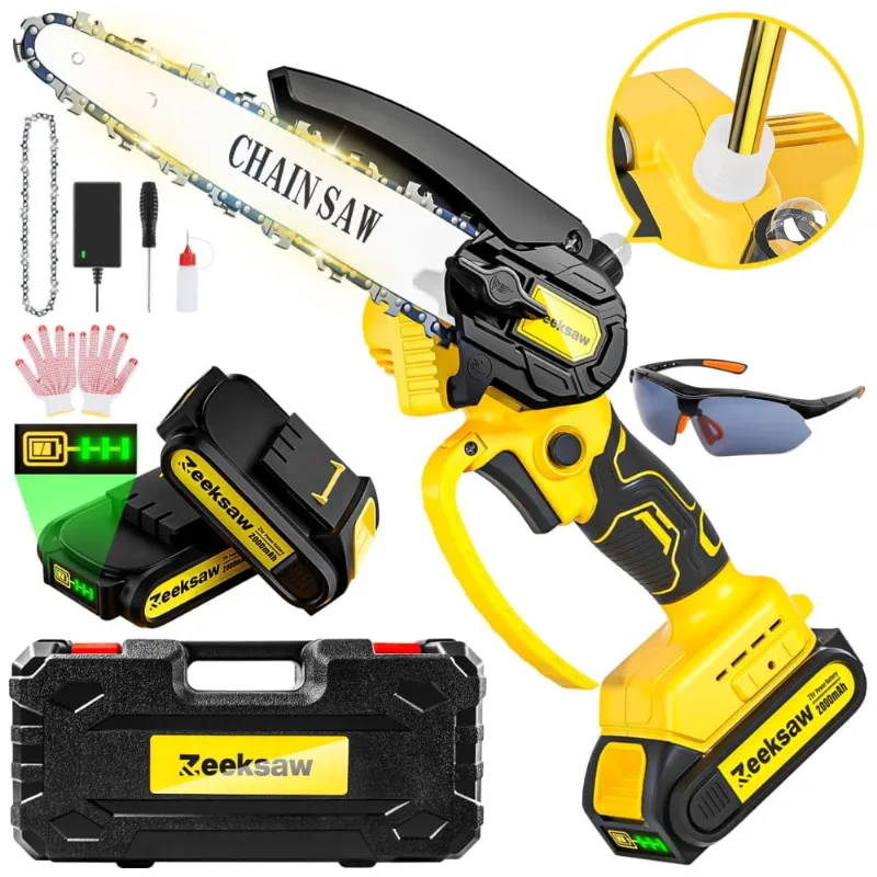 Mini Motoserra Elétrica Portátil Com Lubrificação Automática E 2 Baterias De 21v 2000mah, Zeeksaw, Amarela