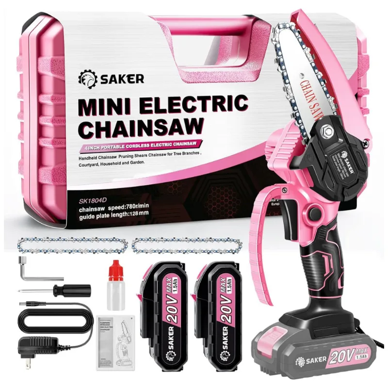 Motosserra Elétrica Portátil Sem Fio Para Poda De Galhos Com 2 Baterias 20v E 3 Correntes, Saker, Rosa