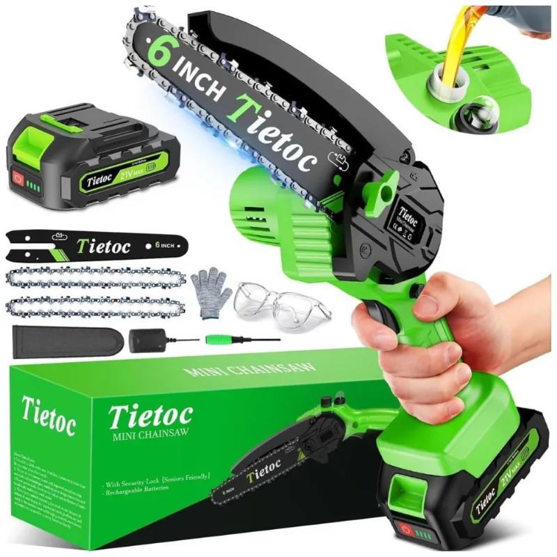 Mini Motosserra Elétrica Sem Fio Para Poda De Galhos, Bateria 21v, 880w, Tietoc Direct, Verde
