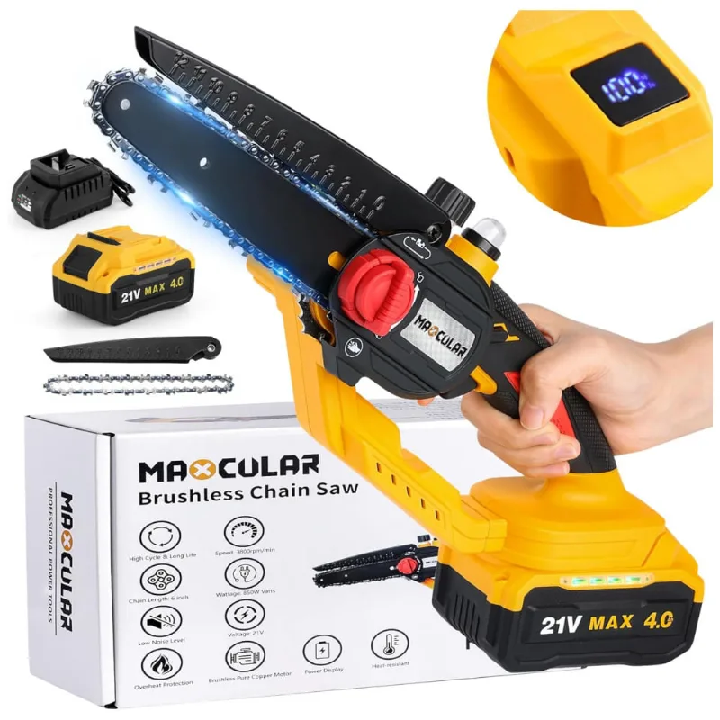 Mini Motosserra Sem Fio Portátil Com Bateria 21v De 4,0 Ah E Visor De Nível, 850w, Maxcular, Amarelo