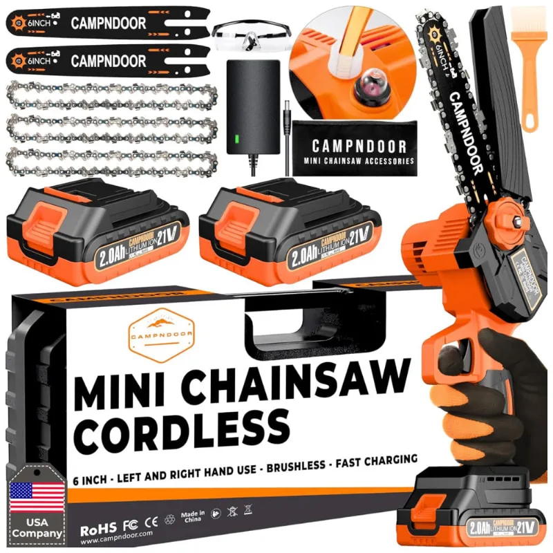 Mini Motosserra Elétrica Sem Fio De Com Bateria 21v E Função Autolubrificante, 600w, Campndoor, Laranja