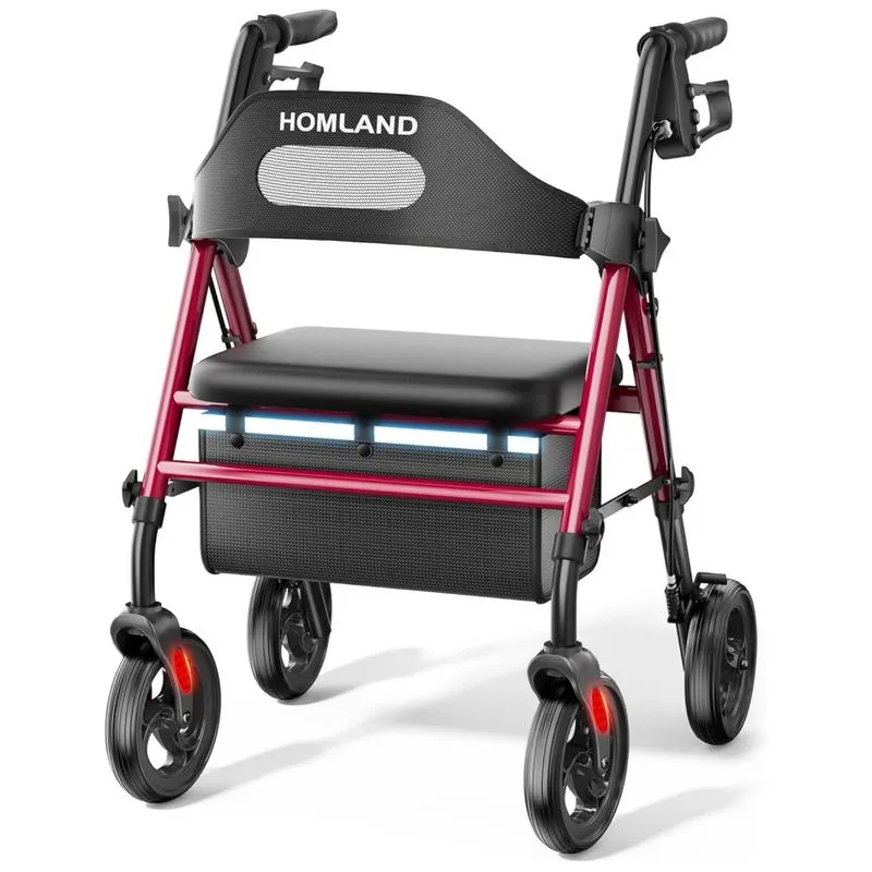 Andador Dobrável Para Idoso, Com Assento, Rodas Grandes De 20 Cm Para Todos Os Terrenos, Altura Ajustável E Suporta Até 158 Kg, Homland, Vermelho