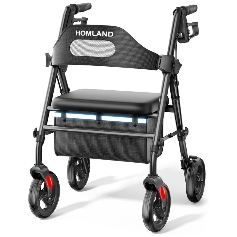 Andador Dobrável Para Idoso, Com Assento, Rodas Grandes De 20 Cm Para Todos Os Terrenos, Altura Ajustável E Suporta Até 158 Kg, Homland, Preto