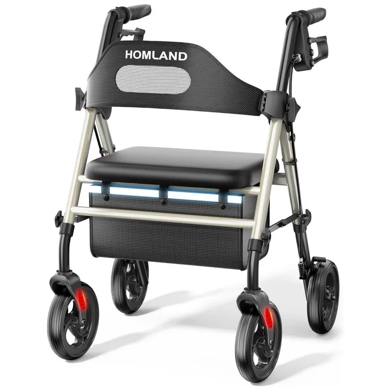 Andador Dobrável Para Idoso, Com Assento, Rodas Grandes De 20 Cm Para Todos Os Terrenos, Altura Ajustável E Suporta Até 158 Kg, Homland, Champanhe