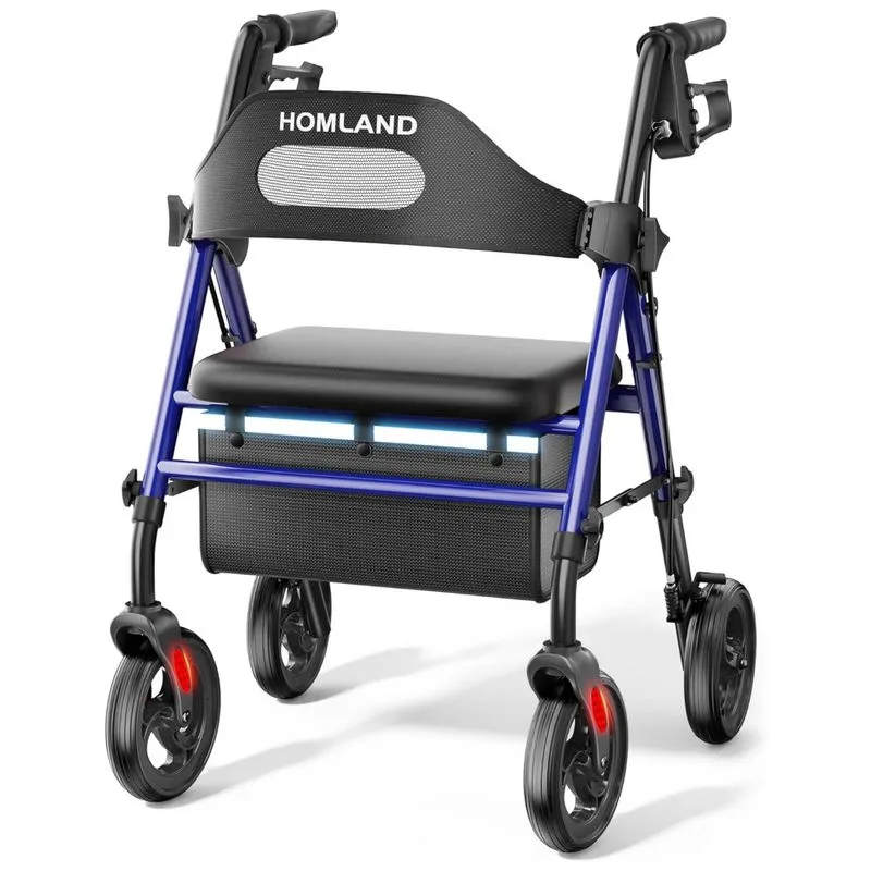 Andador Dobrável Para Idoso, Com Assento, Rodas Grandes De 20 Cm Para Todos Os Terrenos, Altura Ajustável E Suporta Até 158 Kg, Homland, Azul