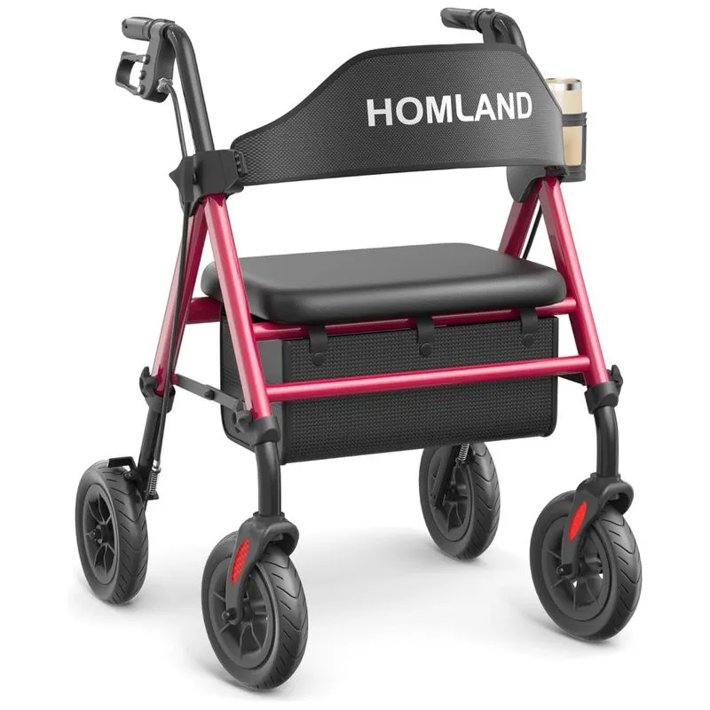 Andador Dobrável Para Idoso, Com Assento, Rodas Grandes De 20 Cm Para Todos Os Terrenos, Altura Ajustável E Suporta Até 180 Kg, Homland, Vermelho