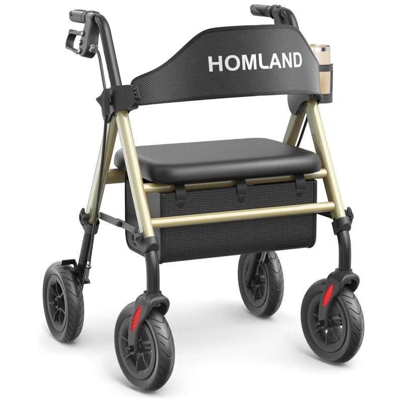 Andador Dobrável Para Idoso, Com Assento, Rodas Grandes De 20 Cm Para Todos Os Terrenos, Altura Ajustável E Suporta Até 180 Kg, Homland, Champanhe