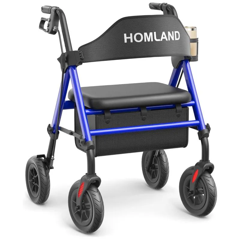 Andador Dobrável Para Idoso, Com Assento, Rodas Grandes De 20 Cm Para Todos Os Terrenos, Altura Ajustável E Suporta Até 180 Kg, Homland, Azul