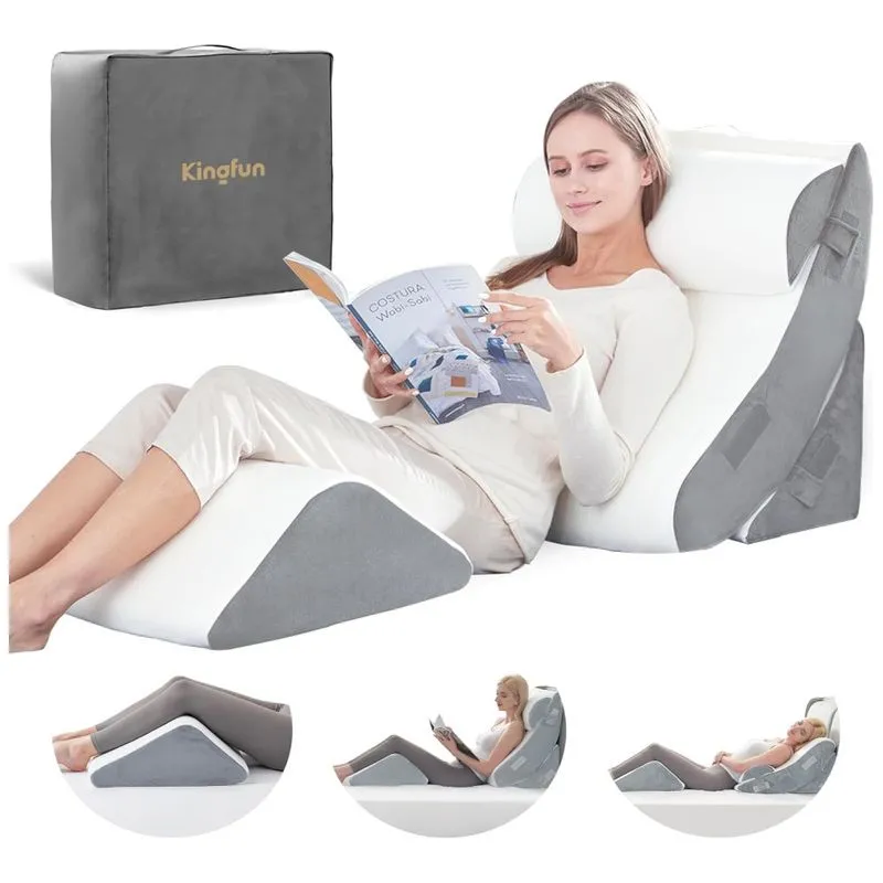 Conjunto De Travesseiros Ortopédicos 4 Pcs, Pós-cirurgia, Espuma De Memória, Suporte Ajustável Para Pernas E Costas, Kingfun, Branco E Cinza