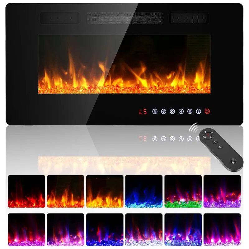 Lareira Elétrica Breezeheat 91 Cm Ultra Fina, Montada Na Parede, Com Controle Remoto, Tela Touch, Chama Colorida, Timer 8h, 750w/1500w.