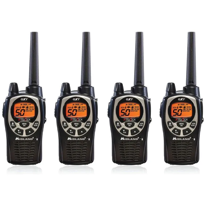 Rádio Comunicador Walkie Talkie Midland Gxt1000vp4 Rádio Bidirecional Gmrs De 50 Canais, Alcance De Até 58 Km, Preto/prata, Pacote Com 4 Unidades.