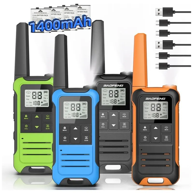Rádio Comunicador Walkie Talkie Baofeng Longo Alcance Para Adultos, Bateria 1400mah, Cabo Usb-c, Ideal Para Caminhadas E Camping (4 Unidades).