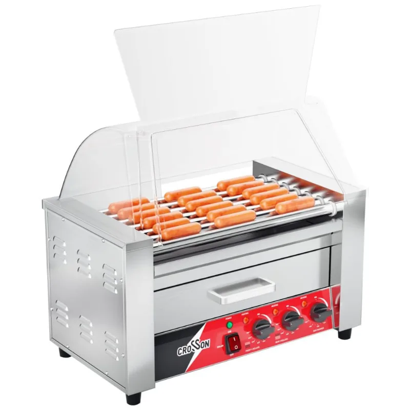 Máquina De Salsicha Hot Dog Grill Crosson,7 Rolos Antiaderentes,com Aquecedor De Pães E Proteção Transparente,comercial, Inox 304, Ideal Para Cozinhar