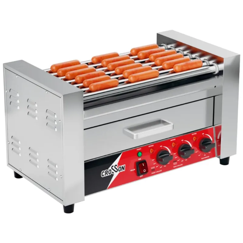 Máquina De Salsicha Hot Dog Grill Crosson, 7 Rolos Antiaderentes, Aquecedor De Pães, Comercial, Inox 304, 110v, 1350w, Ideal Para Cozinhar