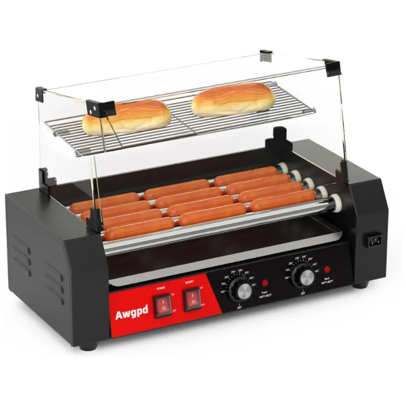 Máquina De Salsicha Hot Dog Awgpd, 12 Hot Dogs E 5 Rolos Antiaderentes, Com Tampa De Vidro, Bandeja Coletora, Controle De Temperatura Duplo