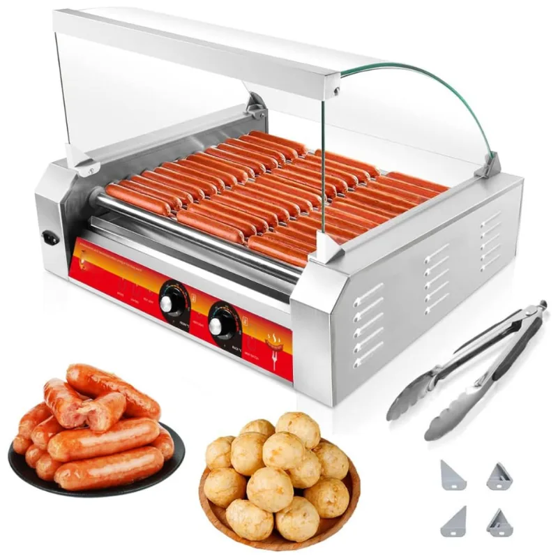 Máquina De Salsicha Hot Dog Vexon 1670w, Capacidade Para 30 Hot Dogs, 11 Rolos De Aço Inox Antiaderentes, Com Tampa De Vidro Removível