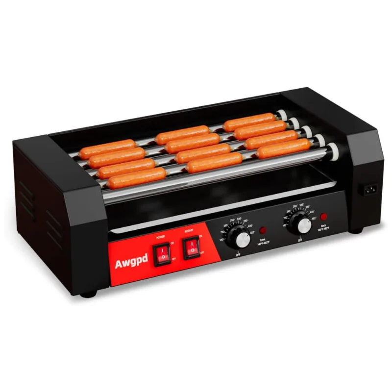 Máquina De Salsicha E Hot Dog Awgpd Grill, 5 Rolos, Capacidade Para 12 Hot Dogs, 750w, Controle De Temperatura Duplo, Bandeja Coletora Removível