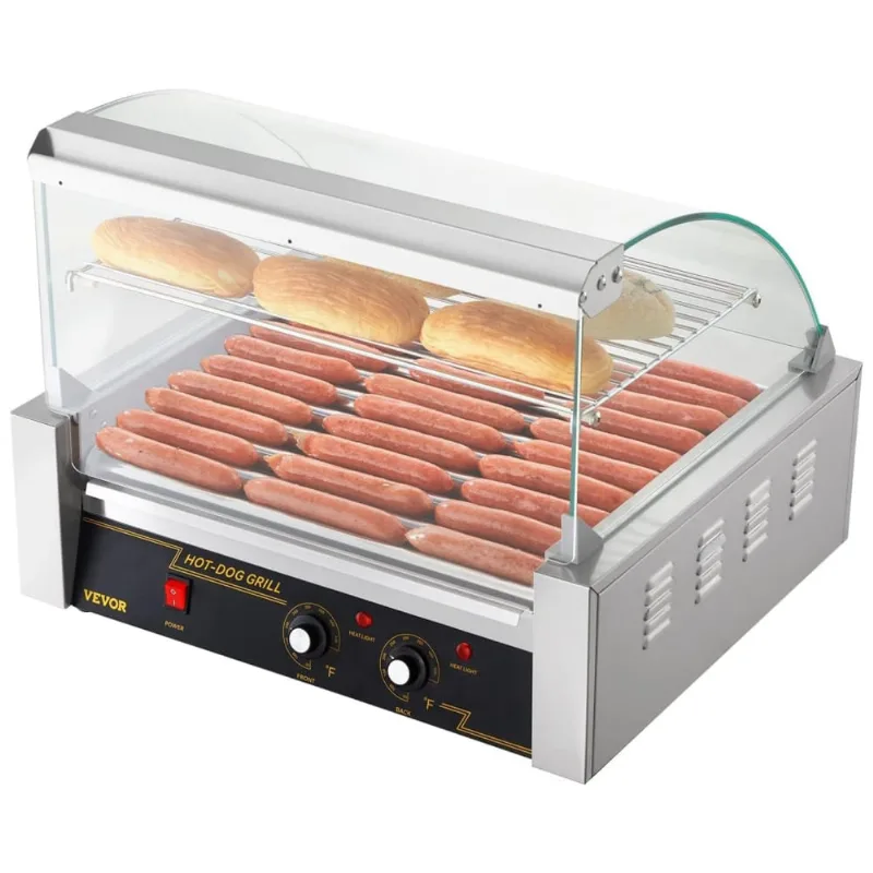 Máquina De Salsicha Hot Dog Vevor Grill, 11 Rolos, Capacidade Para 30 Hot Dogs, 1650w, Controle De Temperatura Duplo, Tampa De Vidro, Prateleira