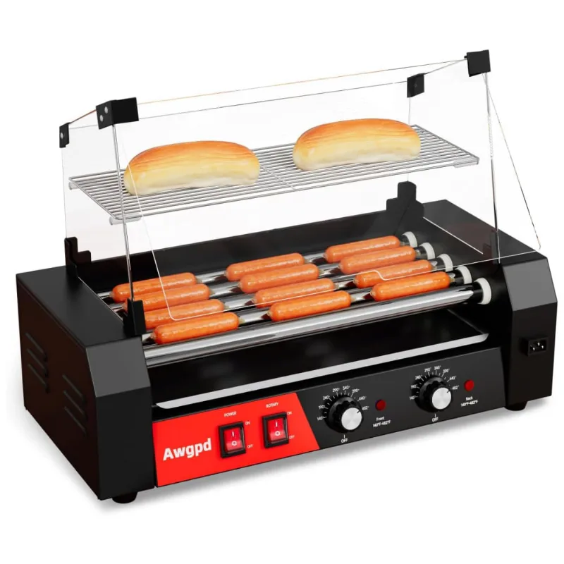 Máquina De Salsicha E Hot Dog Awgpd Grill, 5 Rolos, Capacidade Para 12 Hot Dogs, 750w, Controle De Temperatura Duplo, Tampa De Vidro, Prateleira