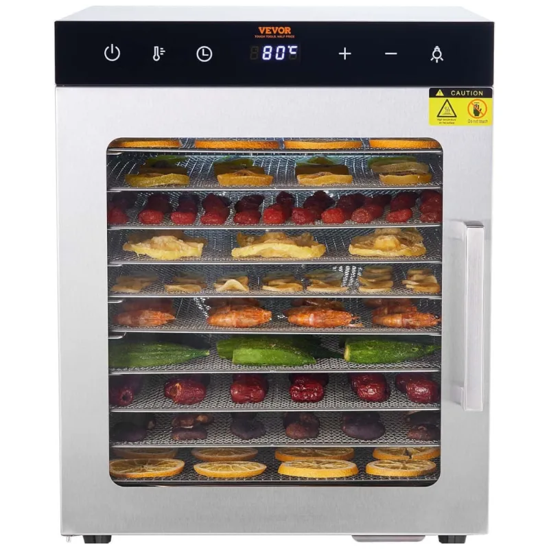 Desidratador De Alimentos Vevor, 10 Bandejas De Aço Inoxidável, Controle De Temperatura 90°c, Temporizador 48h, 800w