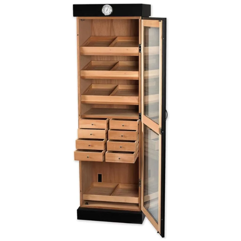 Umidor Torre Preto Com Prateleiras E Gavetas Ajustáveis | Grande Capacidade, Porta De Vidro Temperado, Higrômetro E Forro De Cedro,humidor Supreme.