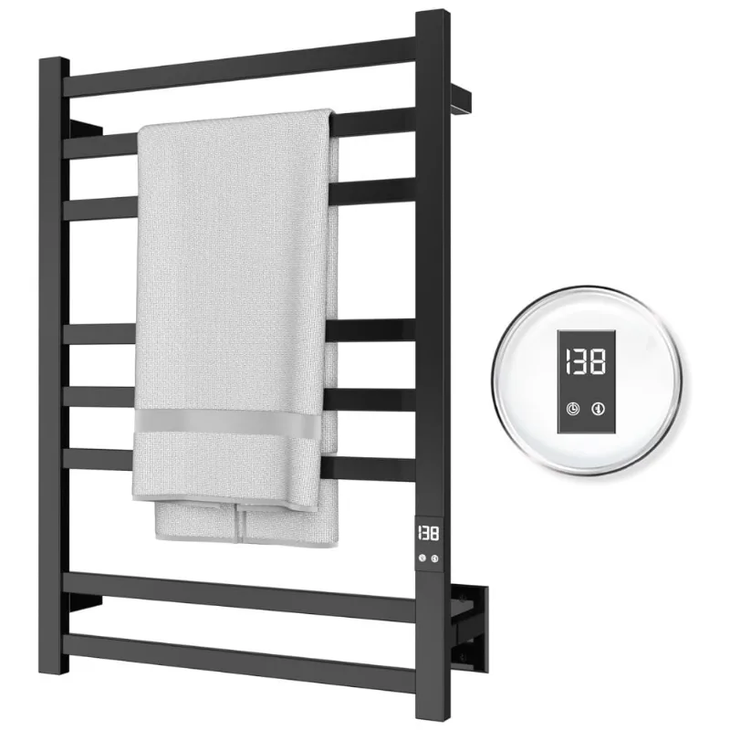 Aquecedor De Toalhas 8 Barras Com Aquecimento Rápido, Timer De Desligamento Automático, Acabamento Preto Fosco,opções Com Fiação Ou Plugue,peaktrivol