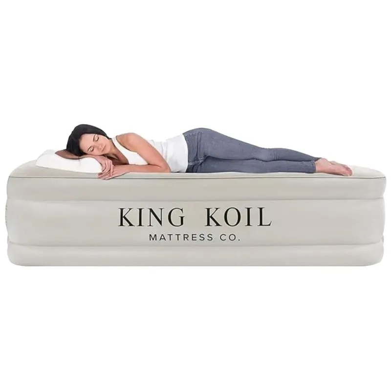 Colchão De Ar King Koil Luxury 50 Centímetros Tamanho Completo Bege Com Bomba Integrada Para Casa, Acampamento E Convidados - Colchão Inflável De