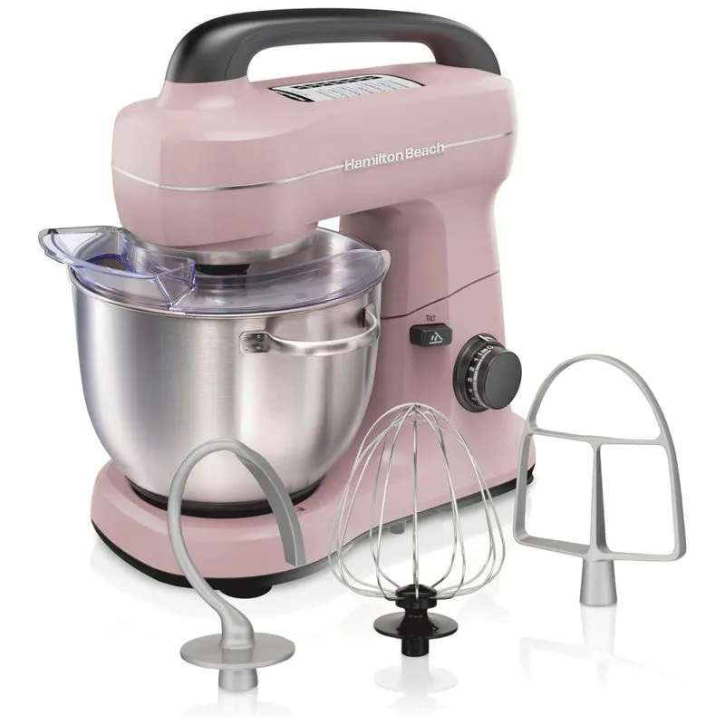Batedeira Hamilton Beach Elétrica, 4 Litros, Ganchos Para Massa, Acessório Batedor Plano, Protetor Contra Respingos, 7 Velocidades Com Batedor, Rosa