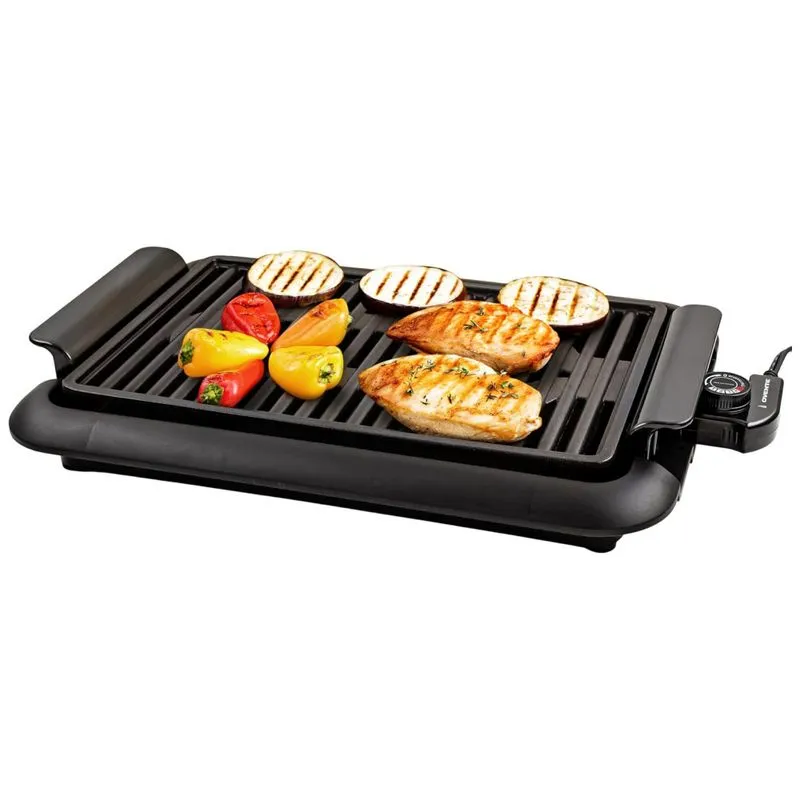 Churrasqueira Elétrica Ovente Com Superfície Antiaderente De 38x25 Cm, 1200w, Controle De Temperatura, Placa De Grelhar E Bandeja De Resíduos.