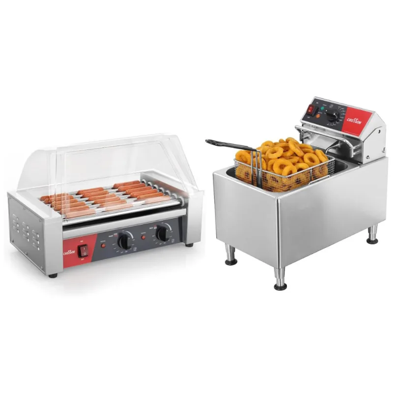 Máquina De Hot Dog Com 7 Rolos E Fritadeira Elétrica Comercial De 7,5 Kg Da Crosson