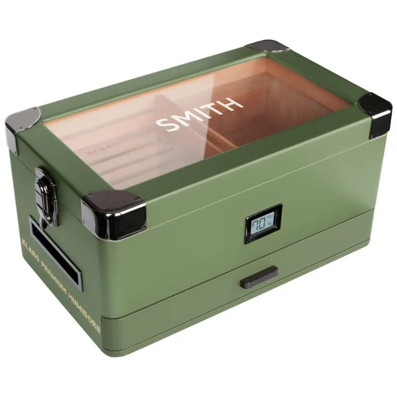 Case Elegance: Estojo Umidor Militar Monogramado Com Tampo De Vidro Espesso E Cedro, Sistema Fácil De Umidificação E Higrômetro Digital Preciso Verde