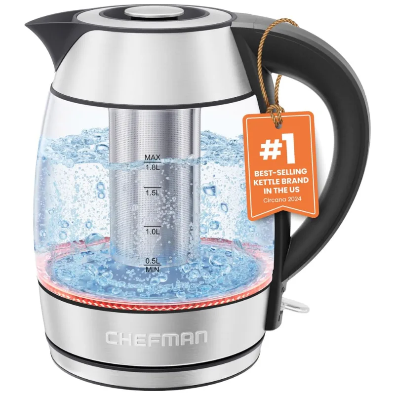 Chaleira Elétrica Chefman De Vidro 1,8l 1500w C/ Infusor De Chá, Manter Quente, Desligamento Automático E Proteção Contra Fervura