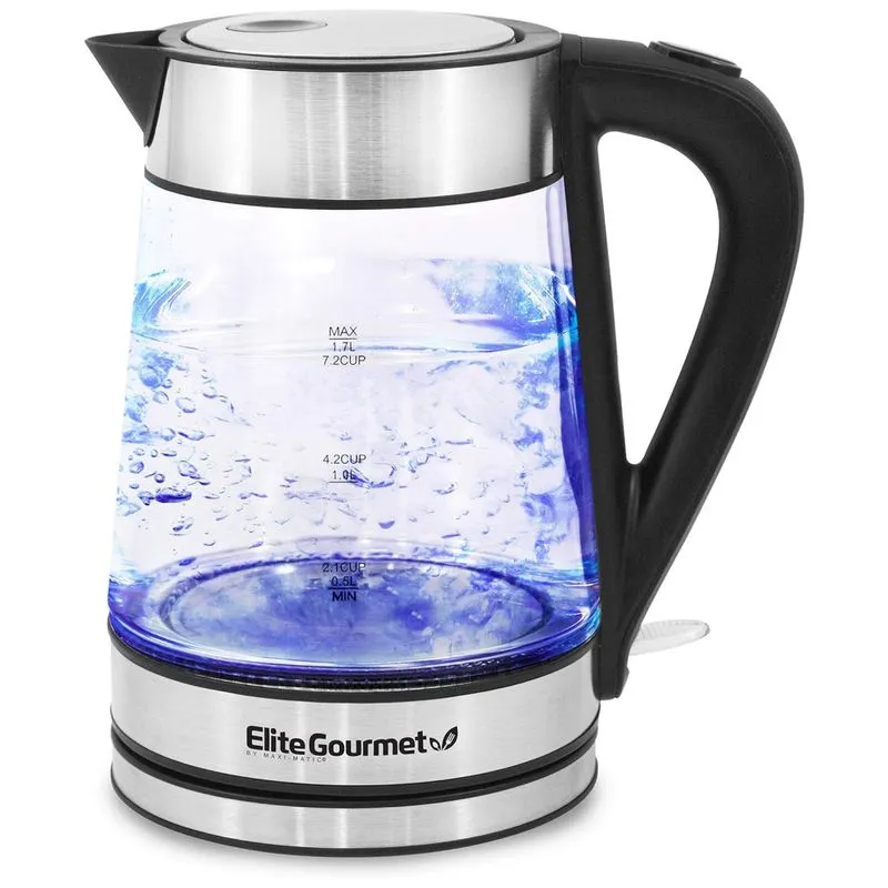 Chaleira Elétrica De Vidro Elite Gourmet Ekt602x 1,7l Com Led Azul, Aço Inoxidável - Rápida, Desligamento Automático