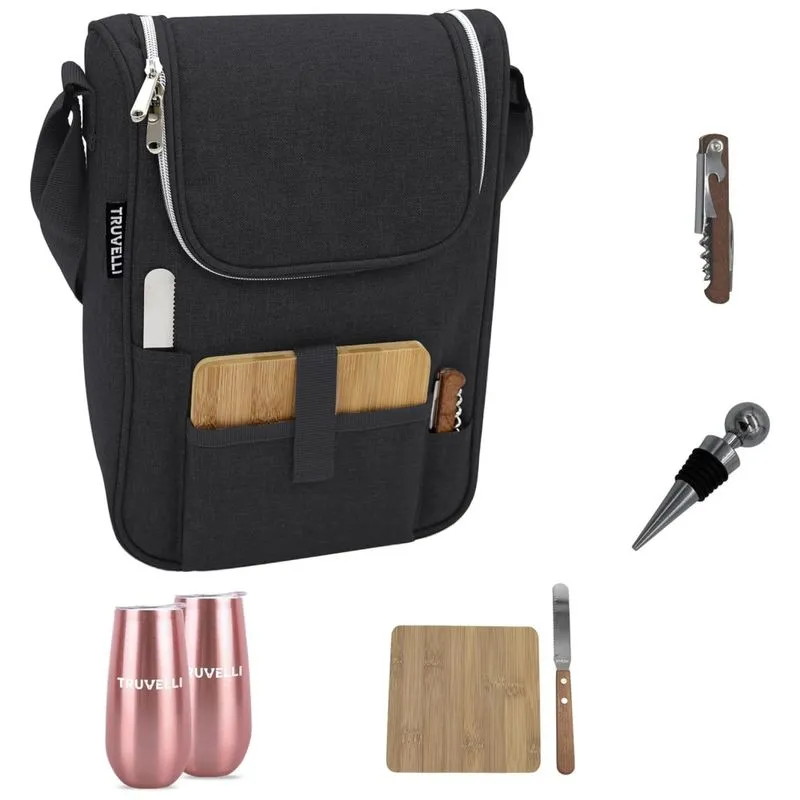 Bolsa Térmica Para Vinhos Truvelli Black - Kit Portátil Para 2 Garrafas Com Queijo, À Prova D&amp;#39,água - Acompanha Tábua De Charcutaria De Madeira