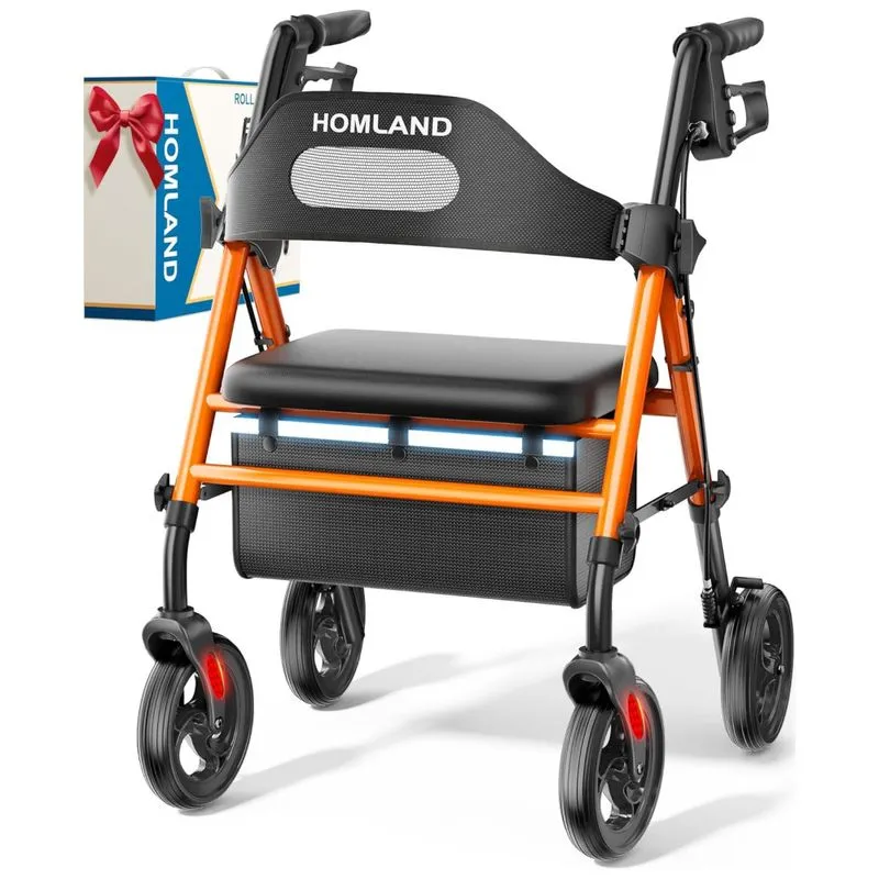 Andador Rollator Dobrável Com Assento Para Idosos, Rodas De 20cm, Suporta Até 159 Kg, Altura Ajustável - Conforto E Segurança Para Você,homland