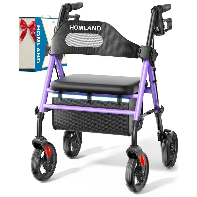 Andador Rollator Dobrável Com Assento Para Idosos, Rodas Grandes De 20cm, Suporta Até 159kg, Assento E Alças Ajustáveis, Andador Confortável,homland
