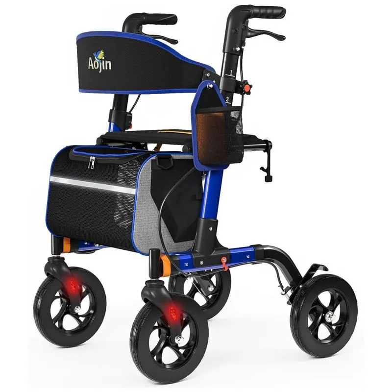 Andador Para Idosos Com Assento Resistente Até 159 Kg, Assento Confortável 45 Cm, Rodas Todo-terreno 20 Cm, Altura Ajustável 6 Níveis, Alumínio,aojin