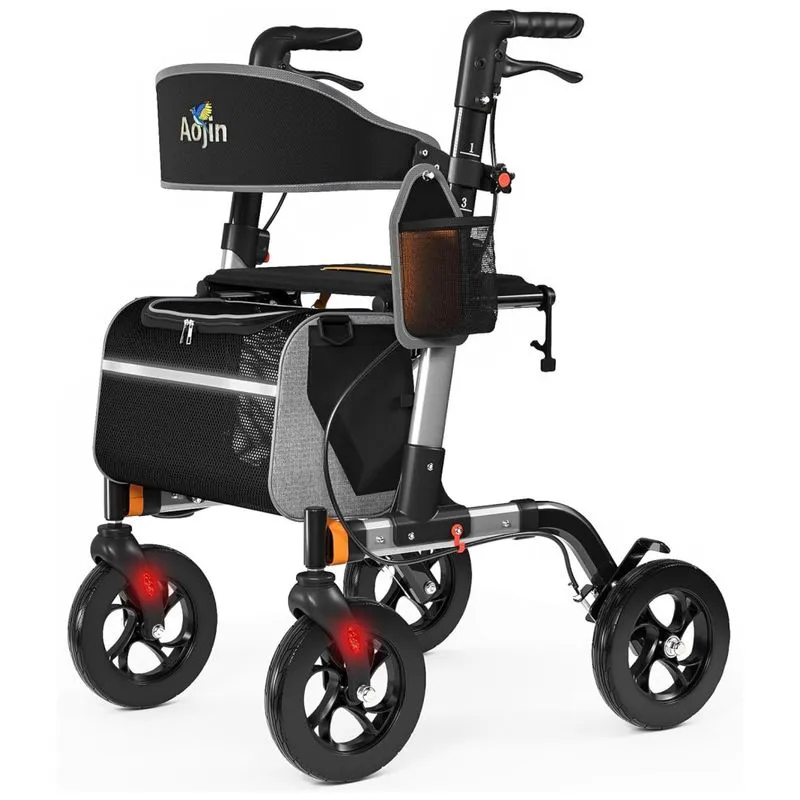 Andador Para Idosos Com Assento, Estrutura Resistente, Capacidade De 160kg, Rodas Todo Terreno, Altura Ajustável, Leve E Durável - Aojin