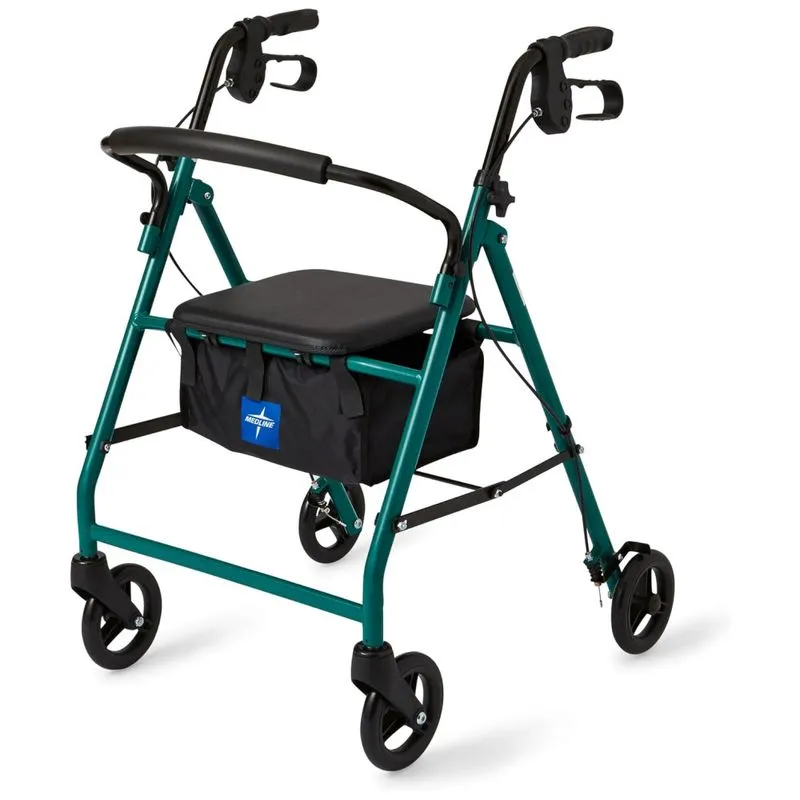 Andador Rollator De Alumínio Medline Com Assento, Verde, Capacidade Para 113 Kg, Leve, 6 Rodas, Dobrável, Cabos Ajustáveis, Para Idosos