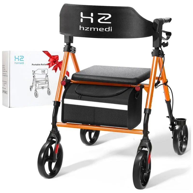 Andador Rollator Laranja Com Assento E Rodas De 20cm, Leve E Dobrável, Ideal Para Idosos - Ajustável Em Altura,hz Hzmedi