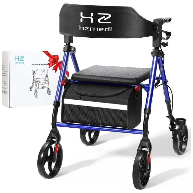Andador Para Idosos Leve Com Assento Dobrável, Quadro Azul, Rodas Grandes De 20 Cm Para Todo Terreno, Altura Ajustável E 4 Rodas Azul