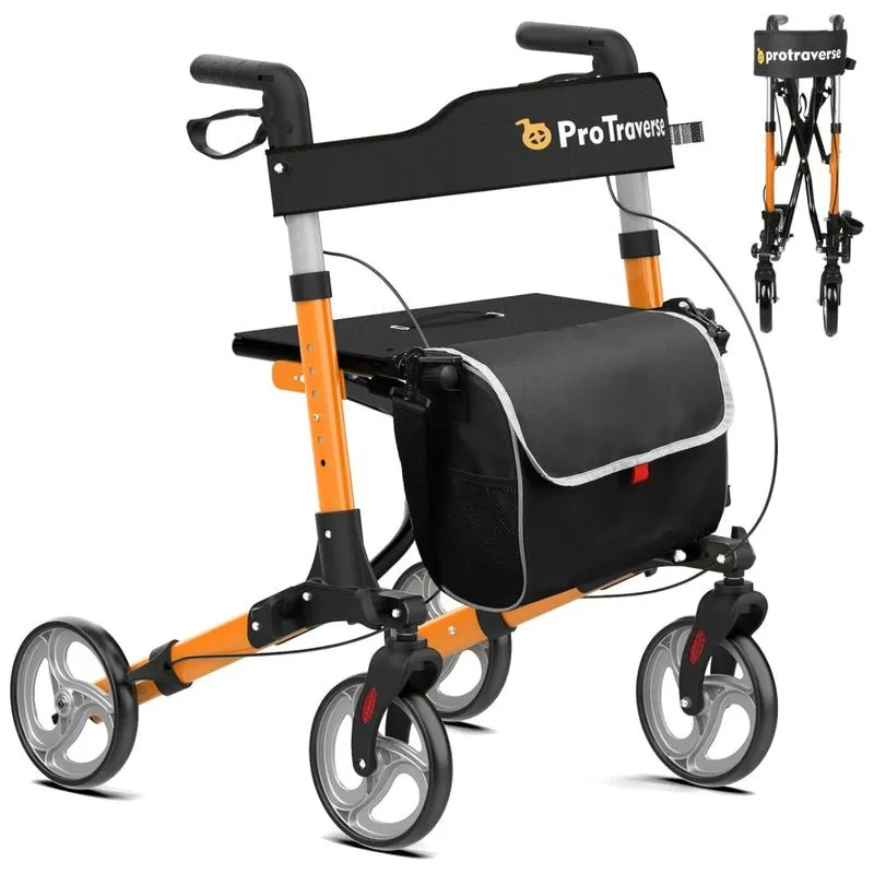 Andador Para Idosos, Rollator Com Assento, Leve E Dobrável Para Todos Os Terrenos, Altura Ajustável, Rodas Grandes, Laranja,protraverse