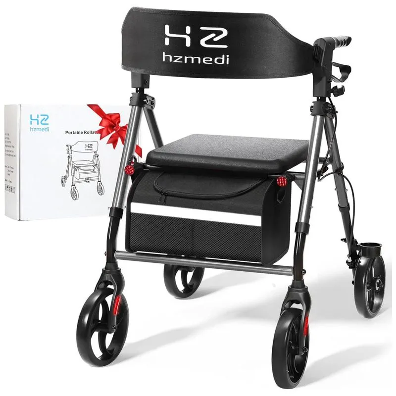 Andador Para Idosos, Walker Dobrável Cinza Com Assento, Rodas De 20cm Para Todo Terreno, Andador Médico Ajustável Com Encosto E Freios,hz Hzmedi
