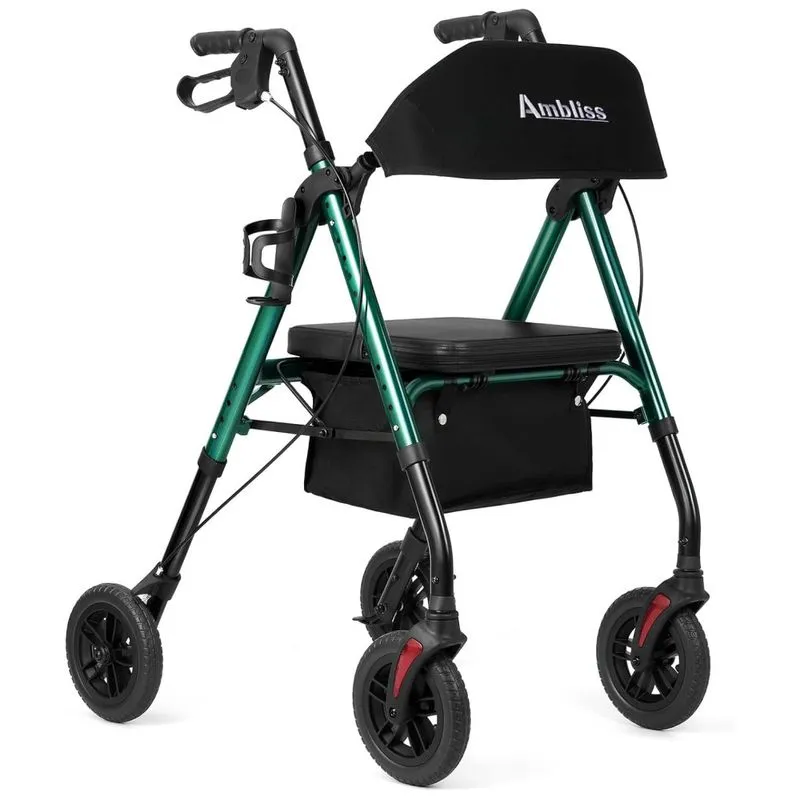 Andador Rollator Ambliss Para Idosos, Rodas De 20 Cm, Capacidade De 136 Kg, Leve, Com Assento, Cesto, Encosto Largo, Altura Ajustável E Dobrável.