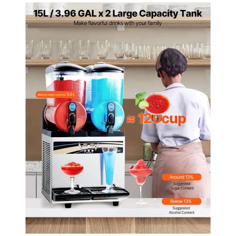 Máquina De Frozen Vevor, Duplo Tanque De 15 Litros Cada, Inox, 120 Copos De Margarita, Smoothie E Bebidas Congeladas, Ideal Para Festas E Eventos