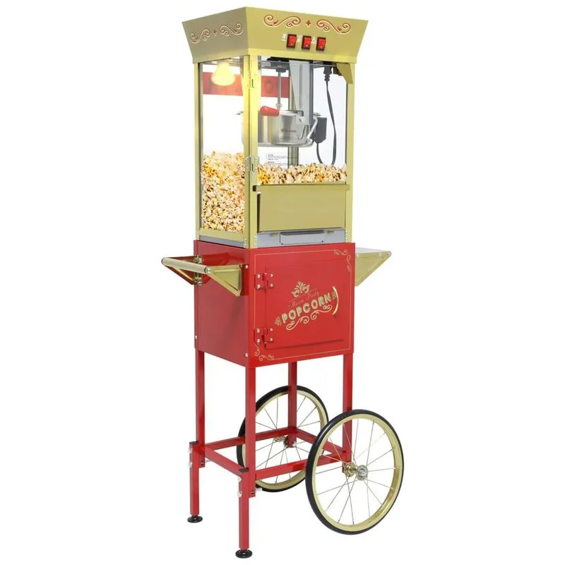 Máquina De Pipoca 340g Vintage Com Carrinho, Aço Inox, Deck Aquecido, Coletor De Kernels, Ideal Para Festas Em Casa
