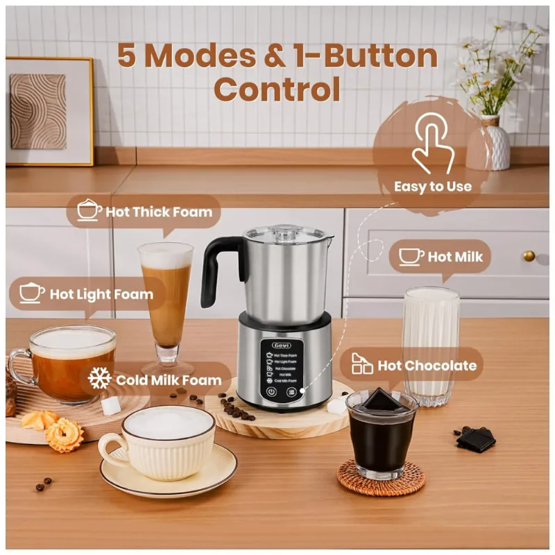 Máquina De Chocolate Quente Gevi Com Espumador De Leite 5 Em 1 E Vaporizador, Leiteira Profissional, 500ml, Inox, Espumador Quente/frio