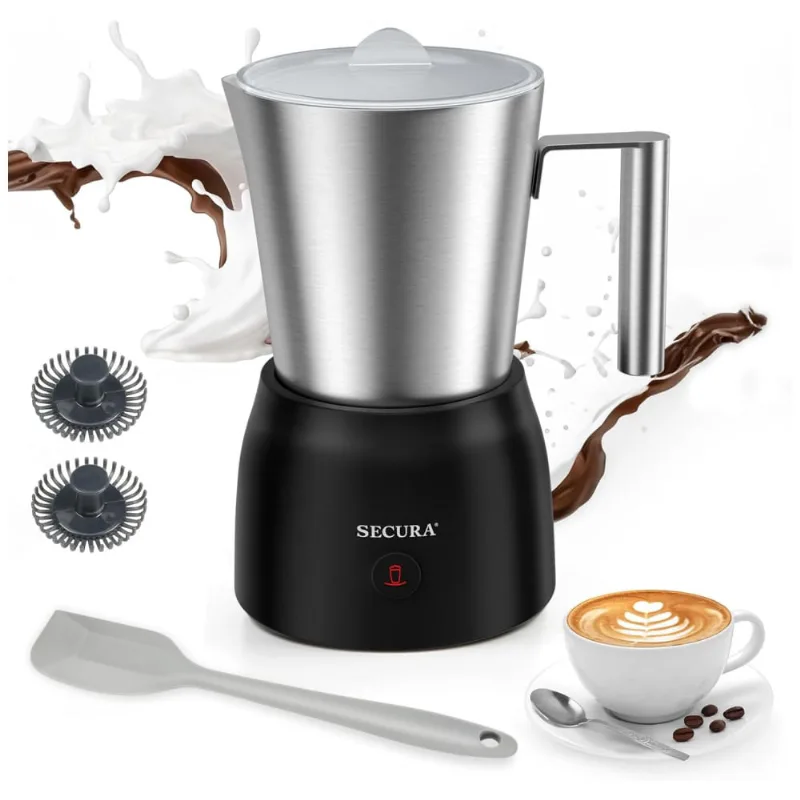 Espumador De Leite E Vaporizador Secura 500ml - Inox, Espuma Quente/fria Para Lattes, Cappuccinos E Chocolate Quente, Design 2 Em 1, Livre De Bpa