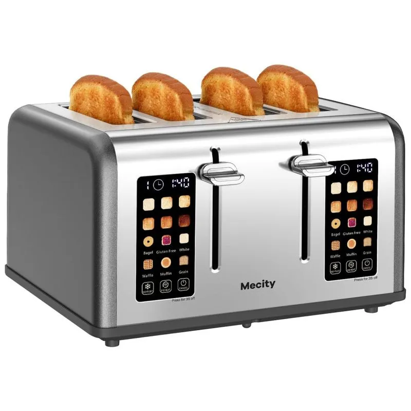 Torradeira Inteligente Mecity 4 Pães, Tela Touch, Entradas Largas, Inox - Ideal Para Bagels, Muffins E Waffles